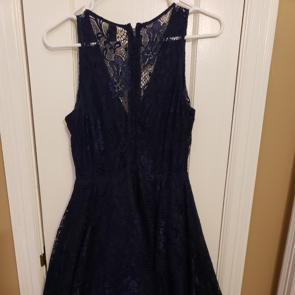 Navy lace blue mini dress with plunging neckline